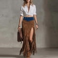 thumbnail image 1 of LEKWK Womens Renaissance Skirt High Waisted Boho Skirt Flared Maxi Skirt Faux Suede Tassel Hem Ruffle Asymmetrical Western Party Outfits, 1 of 6
