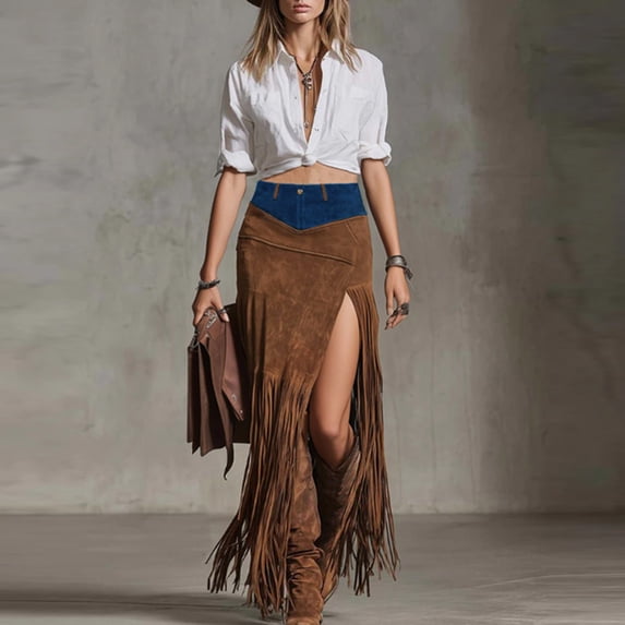 LEKWK Womens Renaissance Skirt High Waisted Boho Skirt Flared Maxi Skirt Faux Suede Tassel Hem Ruffle Asymmetrical Western Party Outfits
