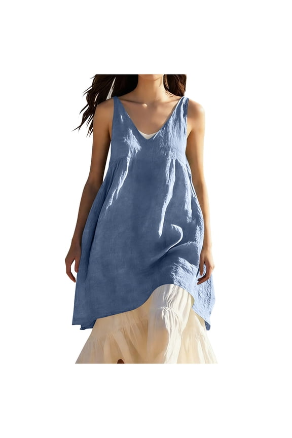 Womens Sleeveless Linen Tops Flowy Babydoll V-Neck Long Tank Tops Swing Dress Tunic Tops Loose Fit Solid Soft Breathable Beach Summer Wear