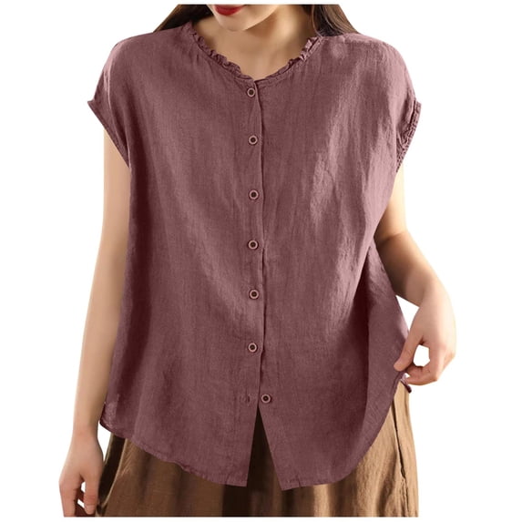 LEKWK Womens Sleeveless Linen Tops Ruffle Mock Neck Button Down Tank Tops Loose Fit Casual Work Tops Solid Vest Summer Business Office Wear