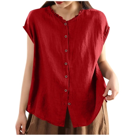 LEKWK Womens Sleeveless Linen Tops Ruffle Mock Neck Button Down Tank Tops Loose Fit Casual Work Tops Solid Vest Summer Business Office Wear