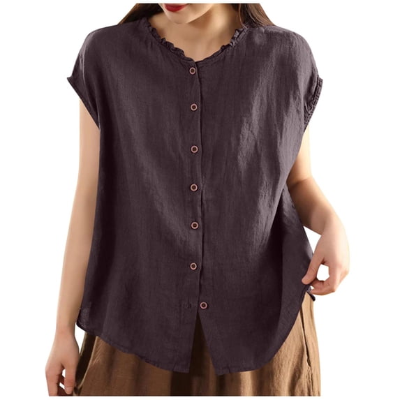 LEKWK Womens Sleeveless Linen Tops Ruffle Mock Neck Button Down Tank Tops Loose Fit Casual Work Tops Solid Vest Summer Business Office Wear
