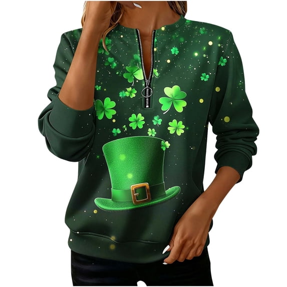 LEKWK Womens St Patricks Day Shirt Regular Fit Quarter Zip Sweatshirts Long Sleeve Graphic Tees Multiple Kittens In Shamrock Hats Print Festival Outfits