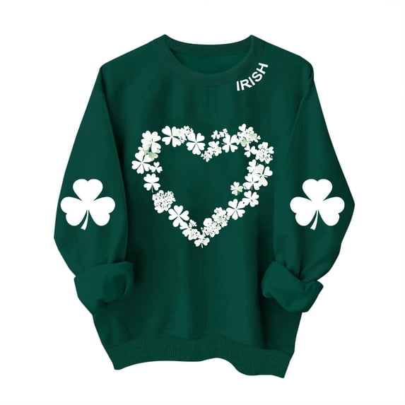 LEKWK Womens St Patricks Day Tops Heart Clover Pattern Graphic Tees Round Neck Sweater Tops Irish Collar Text Daily Wear