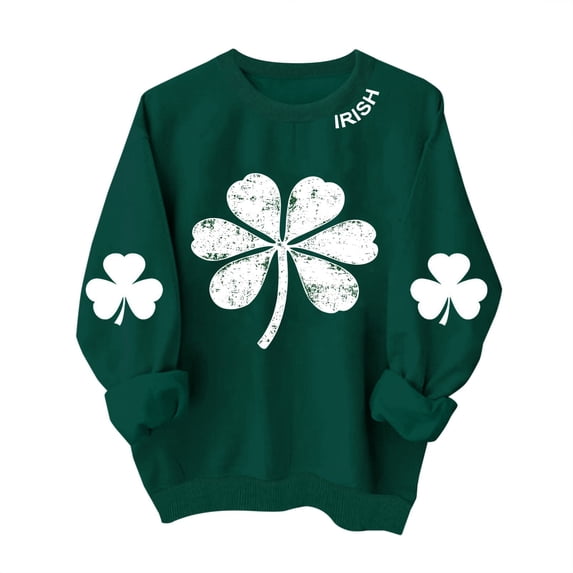 LEKWK Womens St Patricks Day Tops Heart Clover Pattern Graphic Tees Round Neck Sweater Tops Irish Collar Text Daily Wear