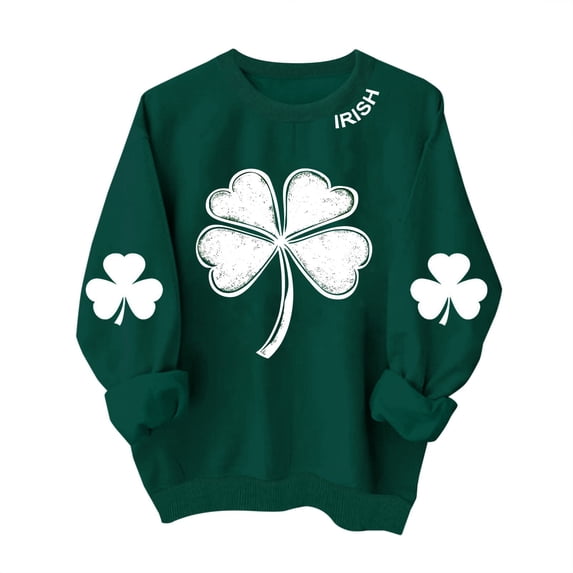 LEKWK Womens St Patricks Day Tops Heart Clover Pattern Graphic Tees Round Neck Sweater Tops Irish Collar Text Daily Wear