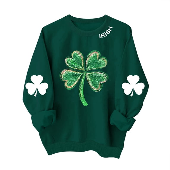 LEKWK Womens St Patricks Day Tops Heart Clover Pattern Graphic Tees Round Neck Sweater Tops Irish Collar Text Daily Wear