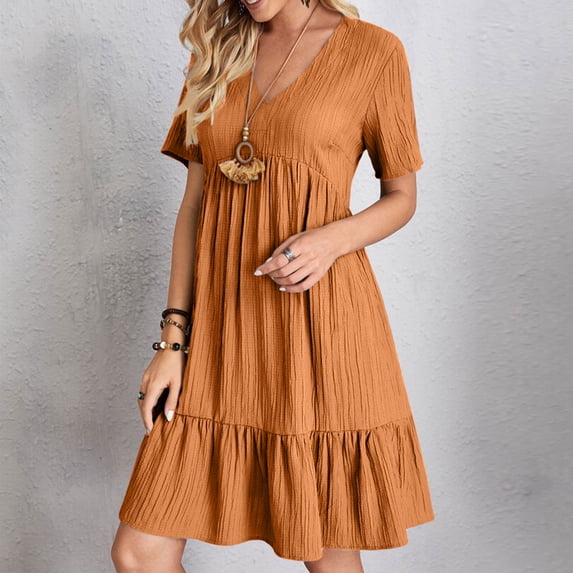 LEKWK Womens Summer Dresses V Neck Short Sleeve Ruffle Mini Dress Pleated Swing A Line Loose Fit Casual Sundresses Fashion Flowy Beach Vacation Outfits