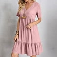 thumbnail image 1 of LEKWK Womens Summer Dresses V Neck Short Sleeve Ruffle Mini Dress Pleated Swing A Line Loose Fit Casual Sundresses Fashion Flowy Beach Vacation Outfits, 1 of 9