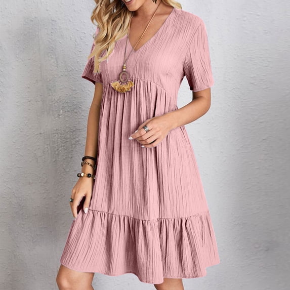 LEKWK Womens Summer Dresses V Neck Short Sleeve Ruffle Mini Dress Pleated Swing A Line Loose Fit Casual Sundresses Fashion Flowy Beach Vacation Outfits