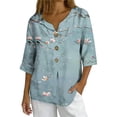 thumbnail image 1 of LEKWK Womens Summer Linen Top Bird Floral Print Trendy Tops 3/4 Sleeve Going Out Tops V Neck Button Decor Art Style Vacation Wear, 1 of 7