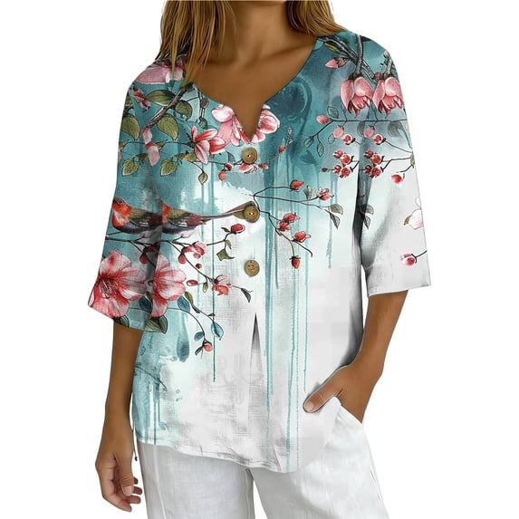 LEKWK Womens Summer Linen Top Bird Floral Print Trendy Tops 3/4 Sleeve Going Out Tops V Neck Button Decor Art Style Vacation Wear
