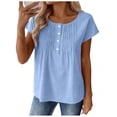thumbnail image 1 of LEKWK Womens Summer Linen Tops Pleated Front Round Neck Short Sleeve Tops Button Decor Cute Tops Solid Texture Breathable Daily Wear, 1 of 7
