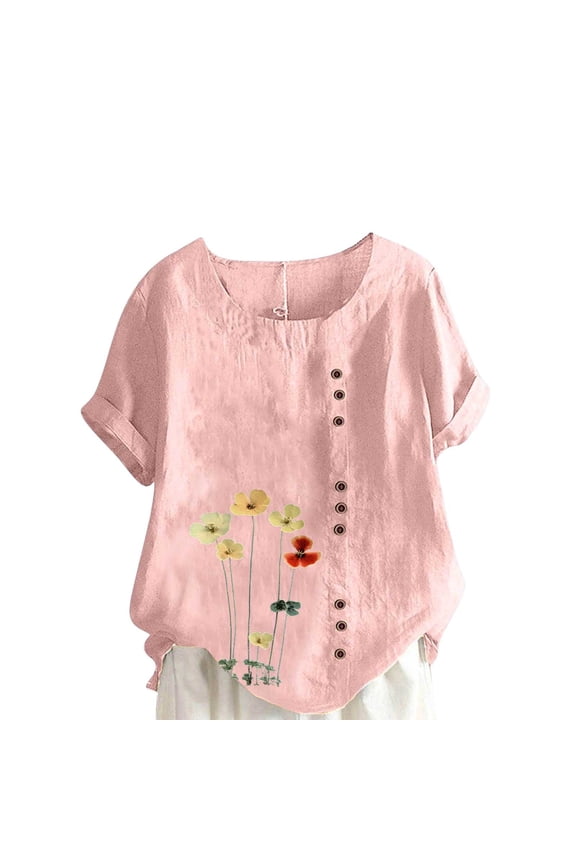Womens Summer Linen Tops Poppy Floral Print Vintage Tees Short Sleeve Tunic Tops Loose Fit Dressy Side Split Button Art Style Casual Wear
