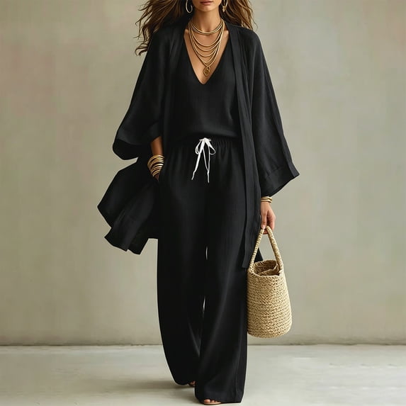 LEKWK Womens Summer Outfits 3 Piece Open Front Long Cardigan V Neck Sleeveless Tank Top and Drawstring Wide Leg Pants Casual Beach Vacation Lounge Sets