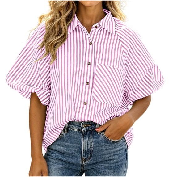 LEKWK Womens Summer Tops Button Down Short Puff Sleeve Striped Shirts Lightweight V Neck Loose Fit Collared Tops Fashion Casual Daily Outfits