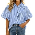 thumbnail image 1 of LEKWK Womens Summer Tops Button Down Short Puff Sleeve Striped Shirts Lightweight V Neck Loose Fit Collared Tops Fashion Casual Daily Outfits, 1 of 5