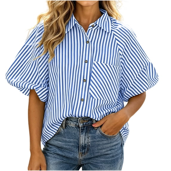 LEKWK Womens Summer Tops Button Down Short Puff Sleeve Striped Shirts Lightweight V Neck Loose Fit Collared Tops Fashion Casual Daily Outfits