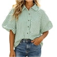 thumbnail image 1 of LEKWK Womens Summer Tops Button Down Short Puff Sleeve Striped Shirts Lightweight V Neck Loose Fit Collared Tops Fashion Casual Daily Outfits, 1 of 5