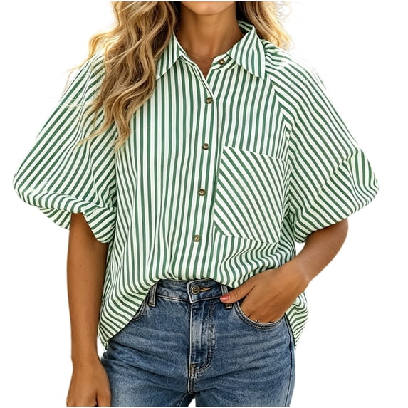 LEKWK Womens Summer Tops Button Down Short Puff Sleeve Striped Shirts Lightweight V Neck Loose Fit Collared Tops Fashion Casual Daily Outfits