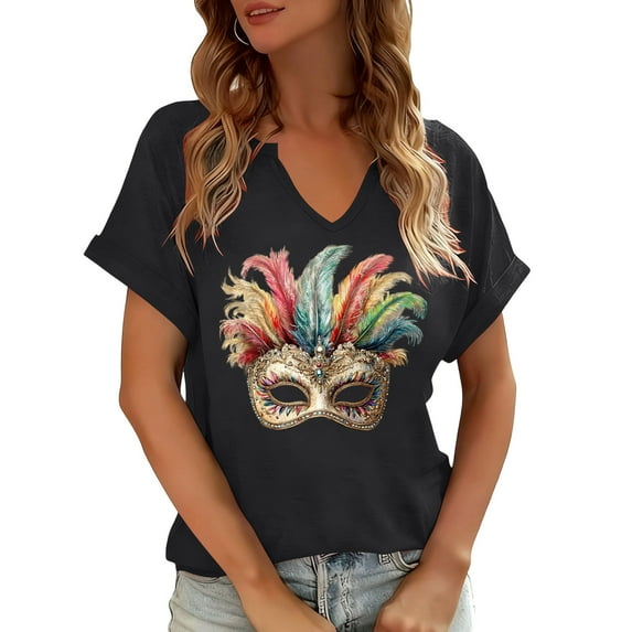 LEKWK Womens Summer Tops Comfy Fabric Short Sleeve Graphic Tees Mardi Gras Shirts Pastel Feather Mask Art Holiday Wear