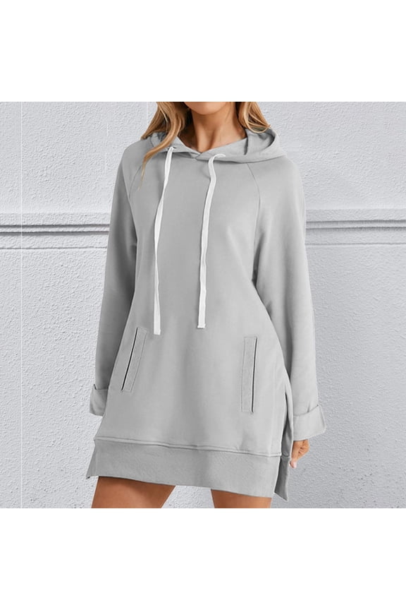 Womens Sweatshirts Trendy Drawstring Hood Fleece Lining Long Sweatshirts Side Split Pockets Tunic Sweatshirts Loose Fit Casual Fall Winter Wear