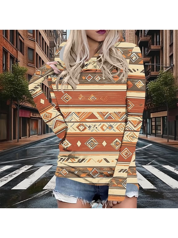 Womens Sweatshirts Trendy Regular Fit Hooded Long Sleeve Tops Regular Fit Western Aztec Tribal Sweatshirts Geometric Pattern Pullover Outdoor Boho Wear