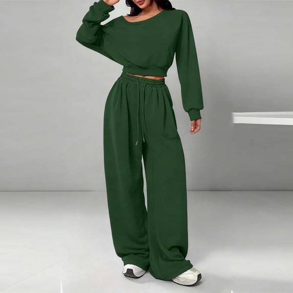 LEKWK Womens Sweatsuits 2 Piece Set Off The Shoulder Long Sleeve Cropped Sweatshirt and Wide Leg Sweatpants for Fall Winter Workout Activewear