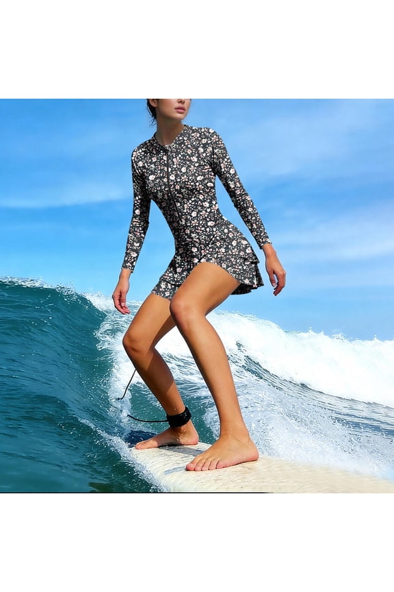Womens Swim Dress Rash Guard One Piece Swimsuits Long Sleeve Zipper Tie Dye Modest Bathing Suits