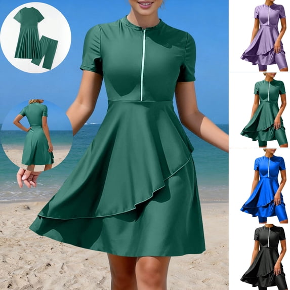 LEKWK Womens Swim Dress with Shorts Short Sleeve One Piece Bathing Suits Zipper Front Modest Swimming Dress