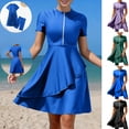 thumbnail image 1 of LEKWK Womens Swim Dress with Shorts Short Sleeve One Piece Bathing Suits Zipper Front Modest Swimming Dress, 1 of 7