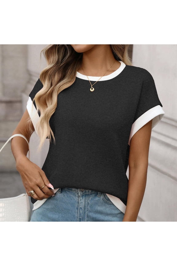 Womens T-Shirts Contrast Trim Short Sleeve Tops Crew Neck Basic Tees Solid White Edge Ringer Style Tees
