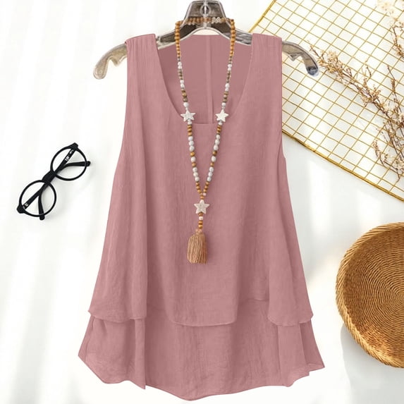 LEKWK Womens Tank Tops Layered Ruffle Hem Scoop Neck Summer Tops Sleeveless Boho Tops Solid Linen Texture Look Loose Fit Beach Vacation outfits