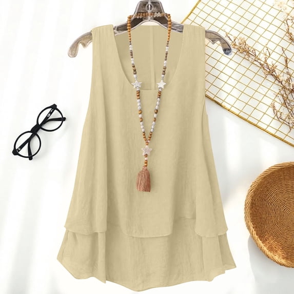LEKWK Womens Tank Tops Layered Ruffle Hem Scoop Neck Summer Tops Sleeveless Boho Tops Solid Linen Texture Look Loose Fit Beach Vacation outfits