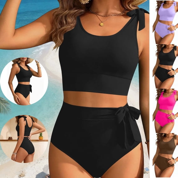 LEKWK Womens Tankini Swimsuits Tummy Control High Waisted Bikini Set Tie Shoulder Modest Bathing Suits Outfits