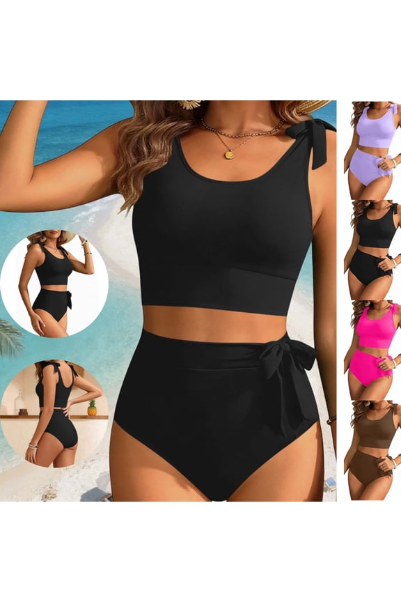 Womens Tankini Swimsuits Tummy Control High Waisted Bikini Set Tie Shoulder Modest Bathing Suits Outfits