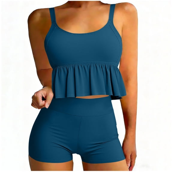LEKWK Womens Tankini with Shorts Two Piece Ruffle Flounce Top High Waisted Boyshorts Bathing Suits Athletic Summer Beach Pool Party Holiday Wear