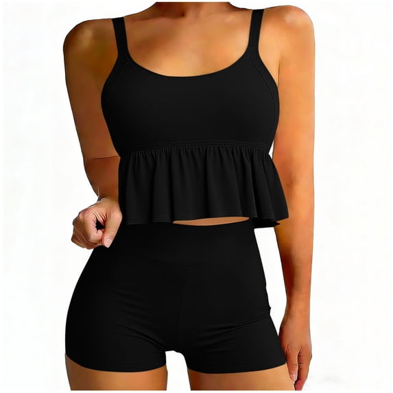 LEKWK Womens Tankini with Shorts Two Piece Ruffle Flounce Top High Waisted Boyshorts Bathing Suits Athletic Summer Beach Pool Party Holiday Wear