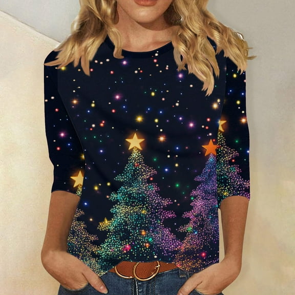 LEKWK Womens Tops 3/4 Sleeve Xmas Wine Glass Crew Neck Tshirts Christmas Tees for Women Merry Tunic Tee Shirts for Women