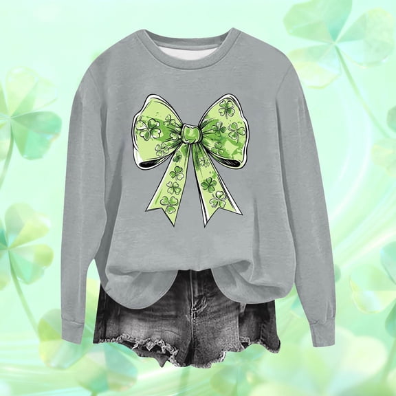 LEKWK Womens Tops Casual Ribbon Graphic Graphic Sweatshirts Long Sleeve Sweatshirts Light Green Shamrock Pattern Bow Sweaters