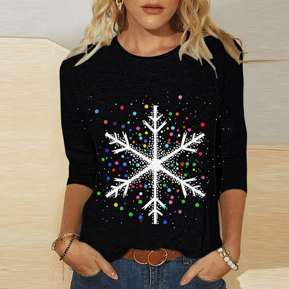 LEKWK Womens Tops Christmas Xmas Tree Snowflake Graphic Tshirt Crew Neck 3/4 Sleeve Tshirts Christmas Teacher Shirt Casual Holiday Tees for Women
