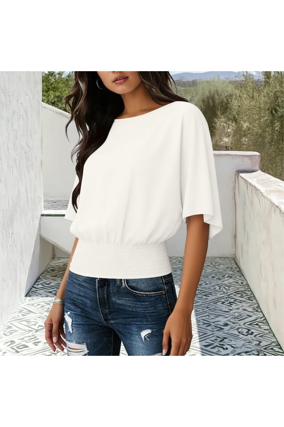 Womens Tops Dressy Casual Smocked Waist Boat Neck Going out Tops Batwing Sleeve Club Tops Solid Color Elastic Hem Date Night Party Wear