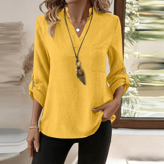 LEKWK Womens Tops Dressy Casual Textured 3/4 Roll up Sleeve V Neck Work Tops Lightweight Business Casual Blouses Pocket Summer Office Shirt