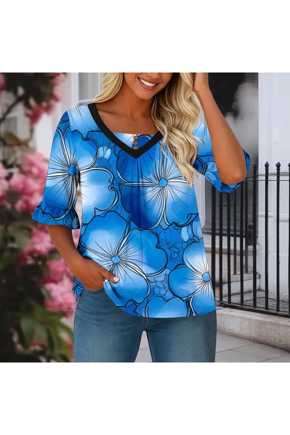 Womens Tops Dressy White Floral Print V-Neck Flowy Tops 3/4 Sleeve Casual Tops Button Decor Pleated Work Church Daily Wear