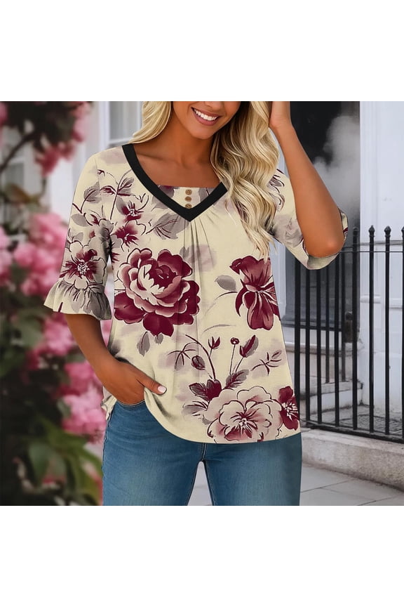 Womens Tops Dressy White Floral Print V-Neck Flowy Tops 3/4 Sleeve Casual Tops Button Decor Pleated Work Church Daily Wear