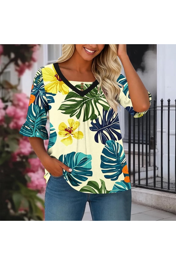 Womens Tops Dressy White Floral Print V-Neck Flowy Tops 3/4 Sleeve Casual Tops Button Decor Pleated Work Church Daily Wear