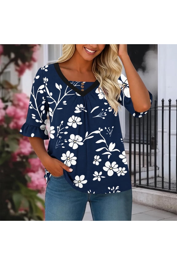 Womens Tops Dressy White Floral Print V-Neck Flowy Tops 3/4 Sleeve Casual Tops Button Decor Pleated Work Church Daily Wear