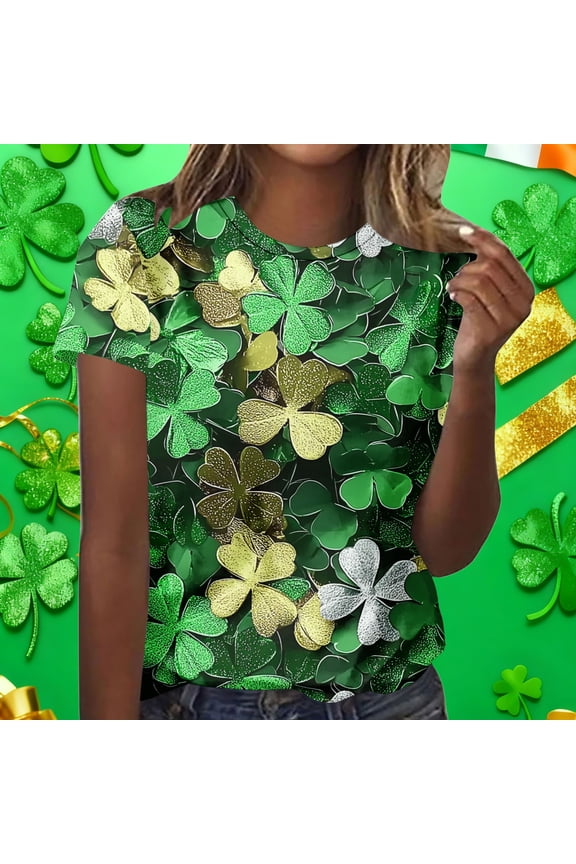 Womens Tops Trendy Coquette Bow Gold Coin Crew Neck Graphic Tees Pink Ribbon Clover Pattern St Patricks Day Top