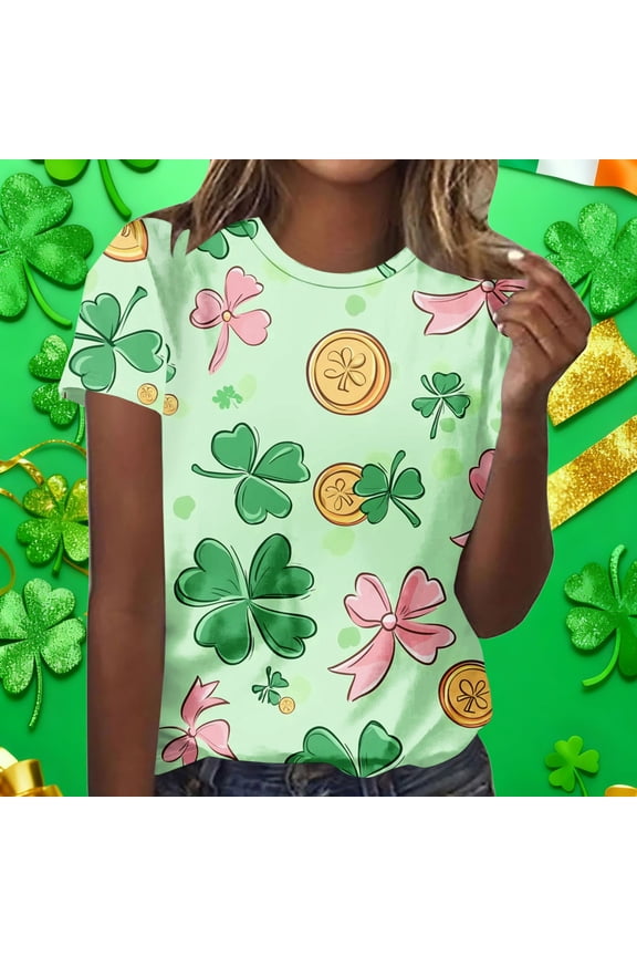 Womens Tops Trendy Coquette Bow Gold Coin Crew Neck Graphic Tees Pink Ribbon Clover Pattern St Patricks Day Top