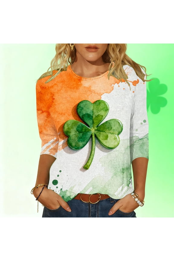 Womens Tops Trendy Green Buffalo Plaid Clover Crew Neck 3/4 Sleeve St Patricks Day Shirt Checkered Shamrock Print Holiday Blouse